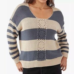 O'Neill Sweater Womens Size L Blue Cream Stripe‎ Crochet Y2K Beachy Coastal Boho